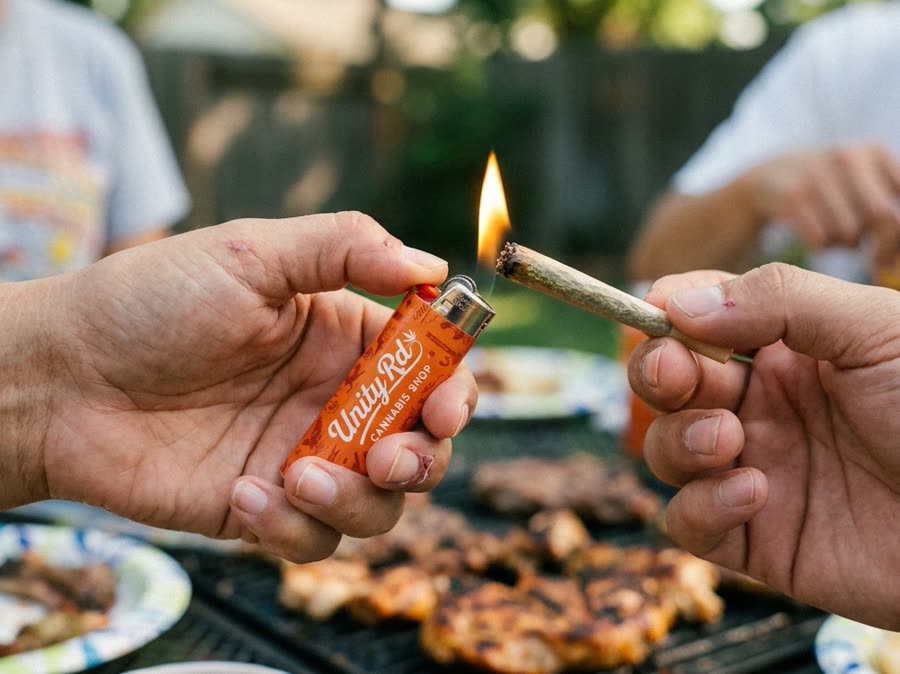 Unity Rd friends sharing a backyard cookout with a Unity Rd lighter